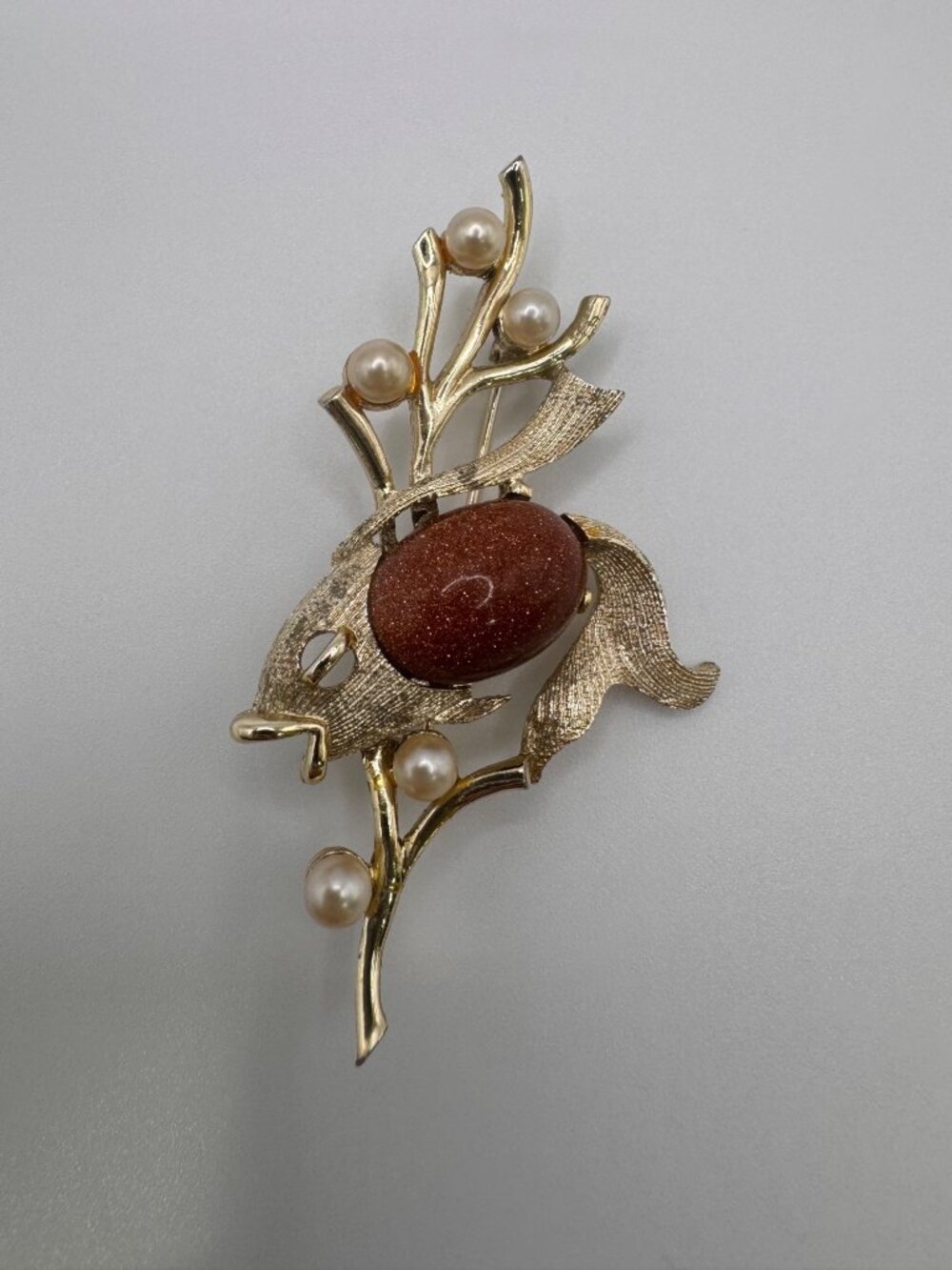 Vintage Gold Tone Fish Brooch Faux Pearl Goldstone Cabochon Figural Pin